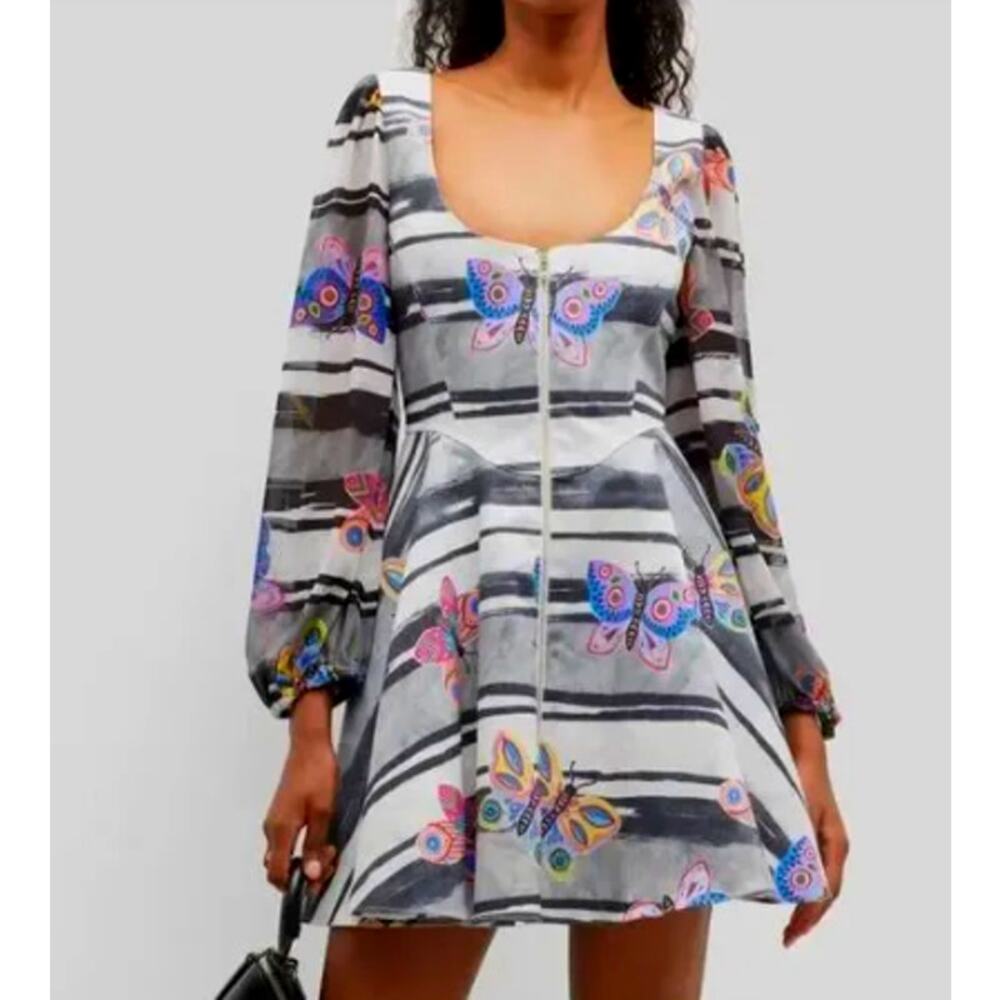 Autumn Adeigbo Butterfly Fit & Flare Dress Size 12 Long Sleeve Zip Front Mini - Picture 2 of 11